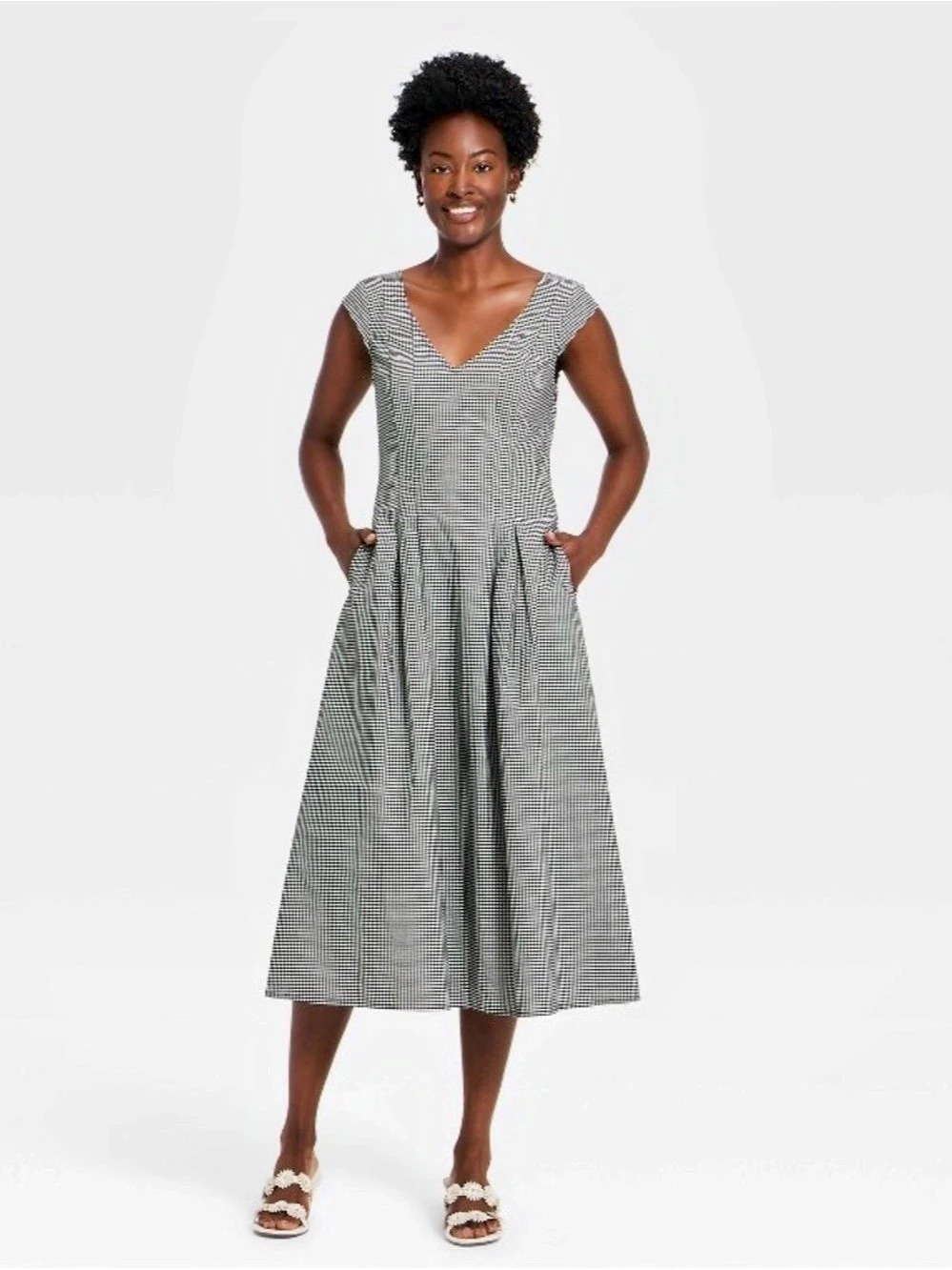 A New Day Short Sleeve V-Neck Gingham Midi Dress Black & White Large NWT